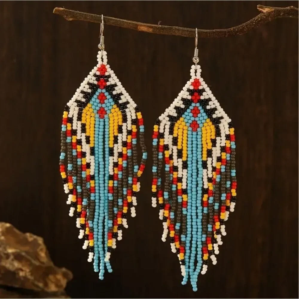 Western earrings beaded Tribal boho jewelry fringe tassels multicolor